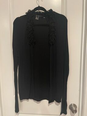 Nina Leonard Black Open-Front Cardigan with Textured Trim